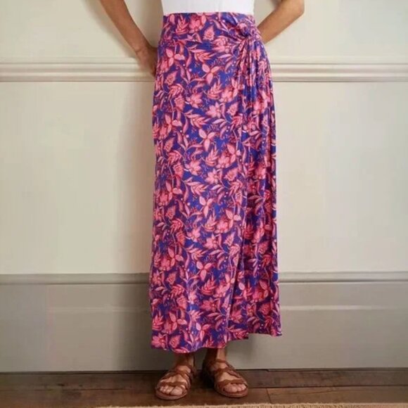 Boden Knot Waist Jersey Midi Skirt Blue & Pink Floral Vine Size 10 - Picture 1 of 10
